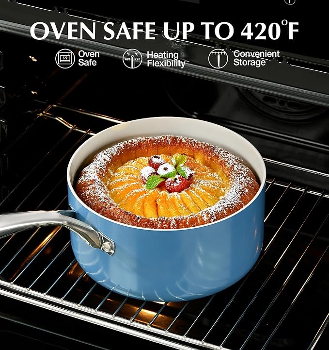 KOCH SYSTEME CS Nonstick Sauce Pan with Lid 1QT, 2QT & 3QT, Non-Toxic Ceramic Saucepan Set, Blue Sauce Pan Set, Multipurpose Cooking Pots Set, Compatible induction