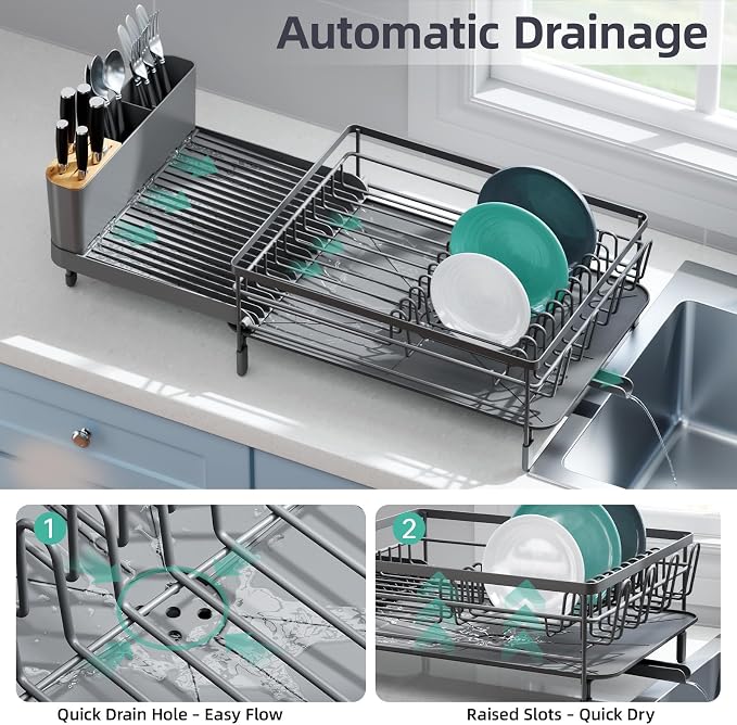 Urackify Extendable Dish Drying Rack, 18.5"-26.7" L x 12.7" W, Gray | Multifunctional large dish rack with cup holder and built-in cutlery holder for versatile drying needs