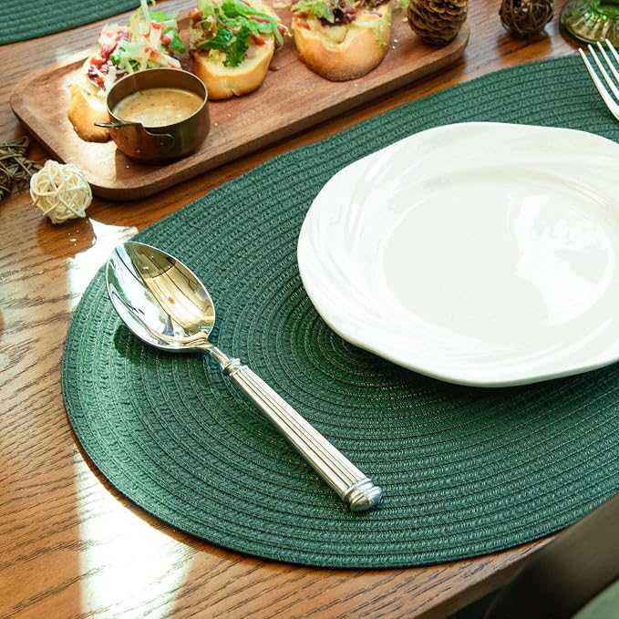 Placemats Set of 8, Woven Oval Braided Dining Table Mats(Sage Green) | 12 x 17.5 Inch Size Fits Plates and Flatware; Hand Washable and Heat Resistant for Kitchen Use, with Farmhouse and Boho Style