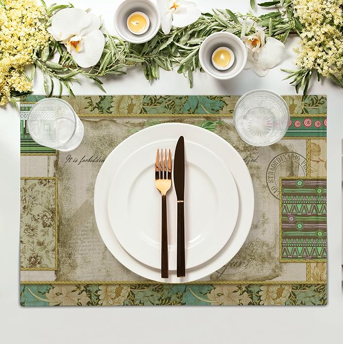 Tropical Palm Tree Placemats Set of 4 Summer Vintage Green Leaf Kitchen Table Mat 12x18 Inch Hawaii Beach Jungle Plant Tree Heat Resistant Washable Linen Place Mats for Dining Tables
