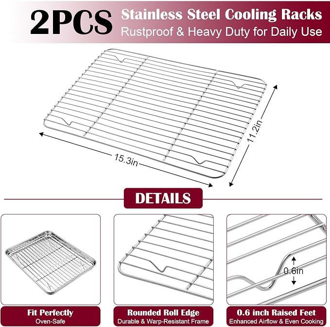 E-far Baking Sheet with Wire Rack, Stainless Steel 2 Pans + 2 Racks | 16 x 12 Inch Cookie Sheets Pan & Cooling Rack for Baking Cookies/Jelly Rolls, Non Toxic & Heavy Duty, Oven & Dishwasher Safe