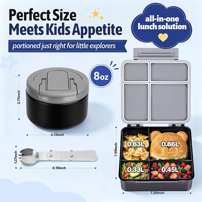 Bento Lunch Box Set for Kids with 8 oz Soup Thermo, Leakproof Hot Food Container with 4 Compartments, Insulated Food Jar for Toddler Daycare Boys Girls School - Black