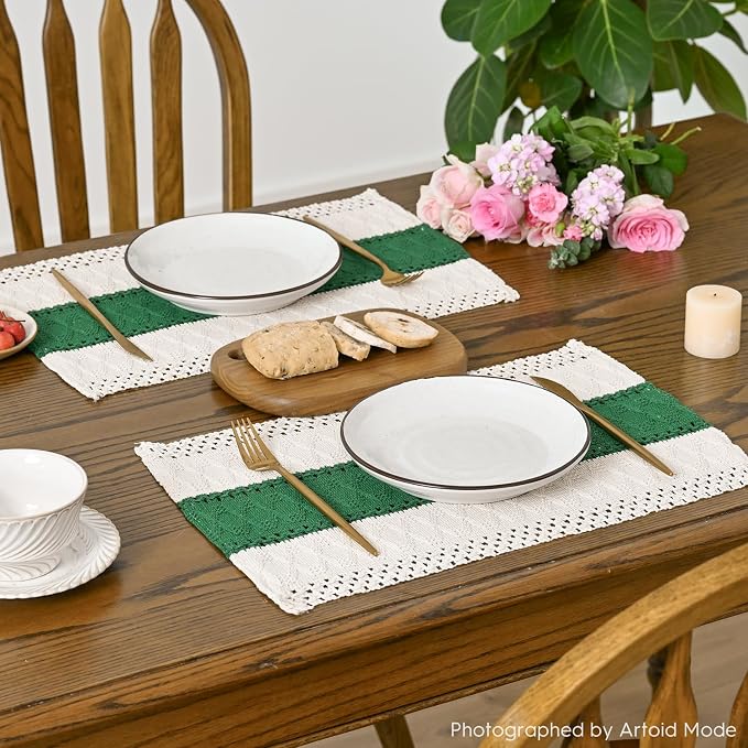 Artoid Mode Dark Green Farmhouse Rustic Placemats Set of 4,12x18 Inch Seasonal Holiday Hollow Table Mats Party Kitchen Dining Decoration