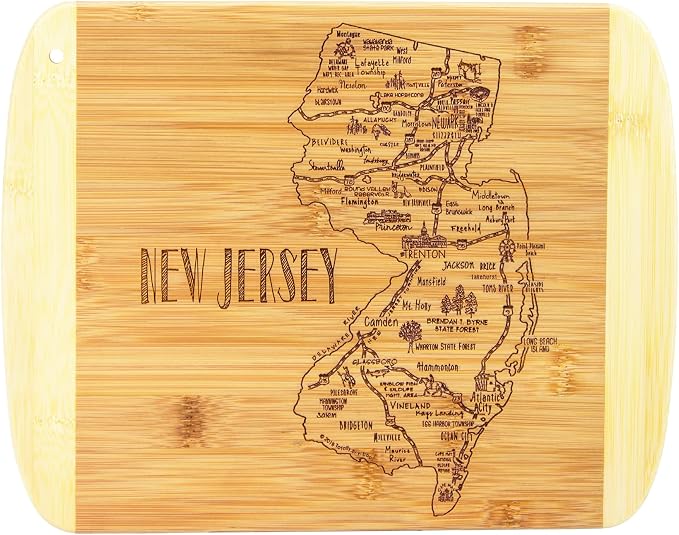 Totally Bamboo A Slice of Life New Jersey Engraved Map Cutting Board | 11” x 8.75” charcuterie board with engraved state map artwork. Smooth reverse side for food prep. Hang tie for wall display.