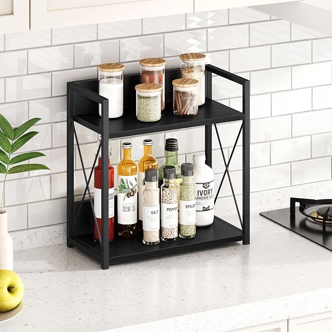 Giikin Kitchen Countertop Organizer, 2 Tier Coffee Bar Organizer, Black Spice Rack for Counter, Kitchen Counter Shelves, Particleboard,15.8" L x 7.9" W x 15.8" H (Black, L)