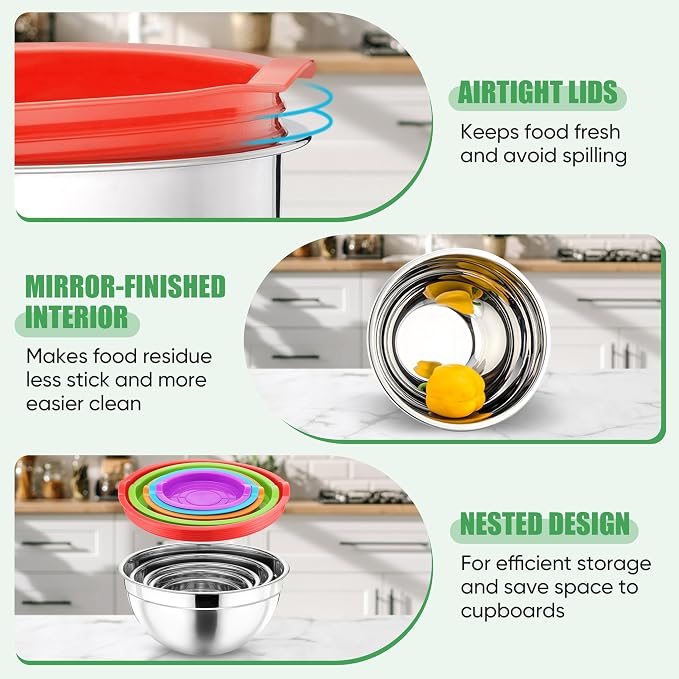 P&P CHEF Metal Mixing Bowls with Lids Set, Airtight Lids & Multicolor | 5 PCS Stainless Steel Mixing Nesting Bowls for Kitchen Prepping, Storing, Healthy & Easy Clean, Size 4.6, 3, 1.5, 1, 0.7 QT