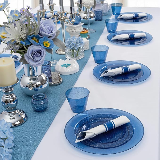 DaYammi 350 Pieces Cobalt Blue Glitter Dinnerware Set 50 Guest for Party- 50 Dinner Plates, 50 Dessert Plates -50 Per Rolled Napkins with Blue Cutlery - 50 Disposable Cups 9 OZ