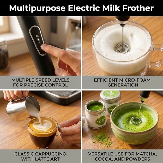 Rechargeable Handheld Milk Frother, 3-Speed & 2 Detachable Whisks,10000RPM | Electric Coffee Frother Wand for Lattes, Cappuccino, Matcha, Hot Chocolate, Protein Drinks, Kitchen Gifts