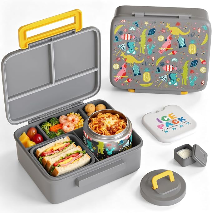 Kids Lunch Bento Box with 8oz Thermo/Ice Pack, BPA-Free, for School | Leak-proof Food Containers with 5 Compartment, Insulated Food Jar, Dishwasher Safe, Easy to Clean, Lunch Box for Girls Boys