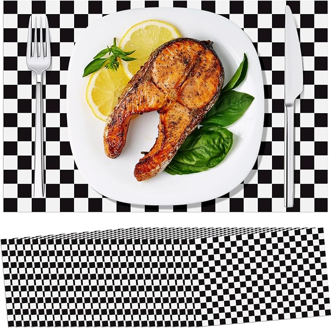 100 Pcs Checkered Paper Placemats Birthday Party Supplies Disposable Placemats for Kids Baby Shower Men Party Decorations Favors 11 x 17 Inch(Black, White)