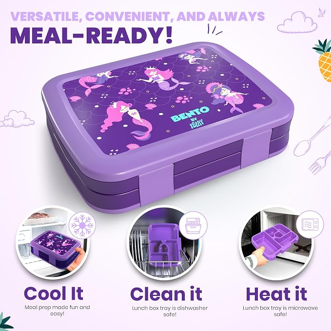 YOLAY Bento Box for Kids, 5-Compartment, Mermaid | Leak-proof, rubber-coated edges, Removable inner tray, Microwave safe, Dishwasher safe