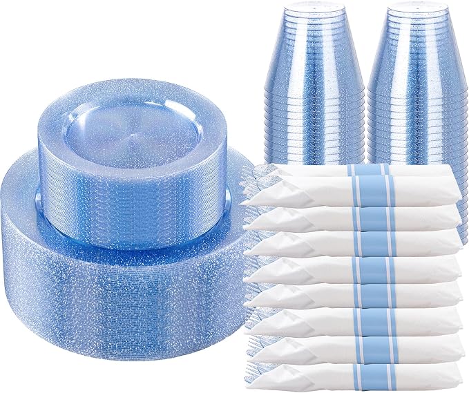 DaYammi 210PCS Blue Glitter Plastic Dinnerware Set for 30 Guests, Fancy Disposable Plates for Party, Include: 30 Dinner Plates, 30 Dessert Plates, 30 Pre Rolled Napkins with Blue Silverware, 30 Cups