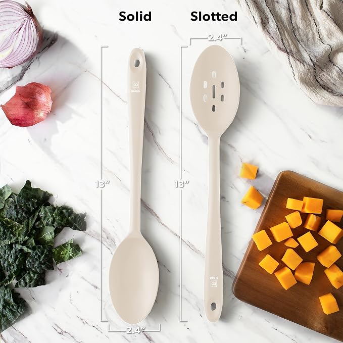 DI ORO Silicone Cooking Spoons - Solid & Slotted Set, 2-Pc Clay | Large heads for mixing, serving, and stirring; Heat-resistant to 600F for nonstick cookware; BPA-free and dishwasher safe