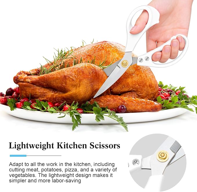 All Purpose Kitchen Scissors, Kitchen Shears Heavy Duty - Dishwasher Safe Food Scissors- Multipurpose Cooking Shears for Meat Poultry Food, Herbs, and Fish, Comfort Grip Handles, White