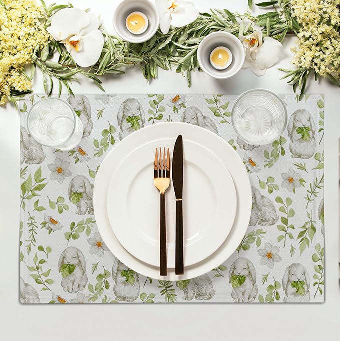 Easter Bunny Rabbits Placemats Set of 4 Easter Spring Green Leaves Flroal Dining Table Placemats 12x18 Inch Heat Resistant Washable Table Mats for Kitchen Dining Holiday Indoor