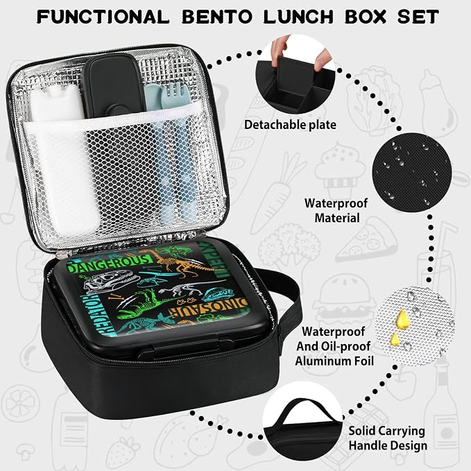 JXXM Bento Lunch Box for Kids With 8oz Soup thermo,Leak-proof Lunch Containers with 5 Compartment,thermo Food Jar and Lunch Bag, Food Containers for School (A-Black(Dinosaur Fossil))