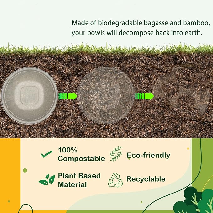 48 Oz Disposable Bowls - Heavy Duty and Compostable Bowl - Made from Sugarcane and Bamboo Fibers, Microwave Safe - Large Paper Bowl for Soup, Salad, Ramen, Popcorn, etc. [50 Pack]