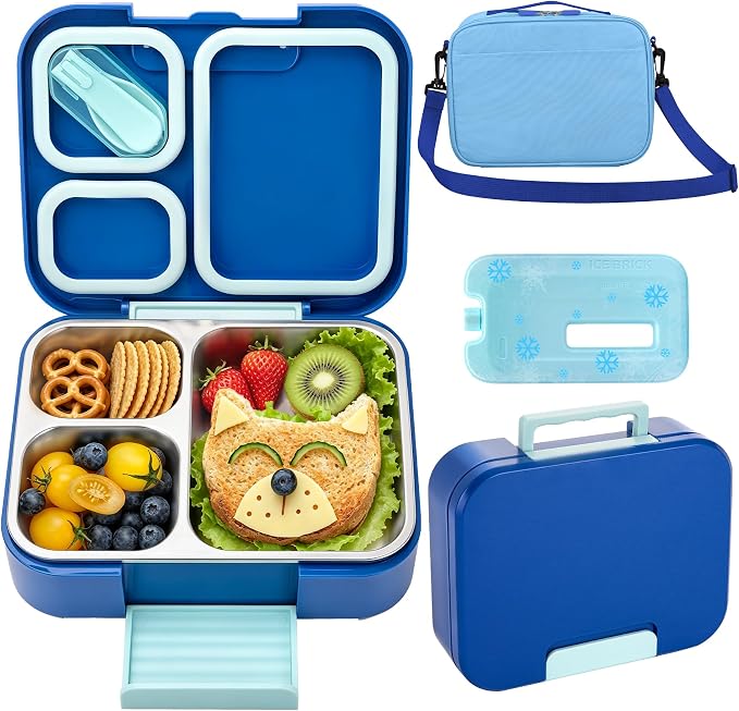 Kids Stainless Steel Bento Lunch Box Adult Boy Food Container Set with Bag | Stainless Steel Bento Lunch Box Kids Container Set Girls Boys Teens with Insulated Lunch Bag and Ice Pack for School Office