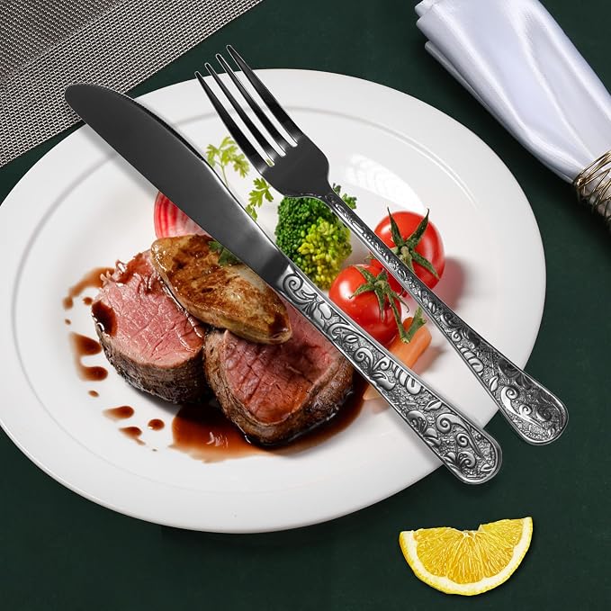 Meythway 60-Piece Vintage Carved Black Silverware Set for 12, Stainless Steel Flatware Set with Knife/Fork/Spoon, Cutlery Set for Home and Kitchen, Utensil Set with Dishwasher Safe