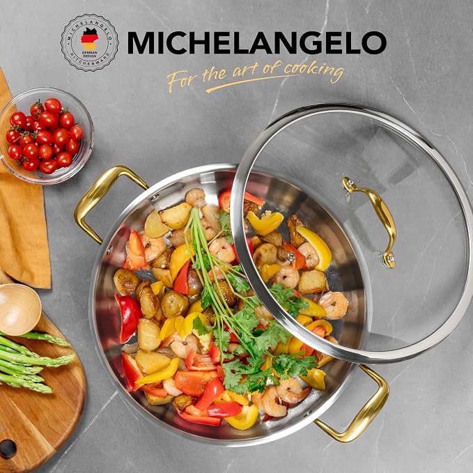 MICHELANGELO Stainless Steel Pan - 6 Quart Braiser Pan, 12 Inch Saute Pan with Glass Lid, Non-Coated Deep Frying Pan Induction Compatible & Dishwasher Safe