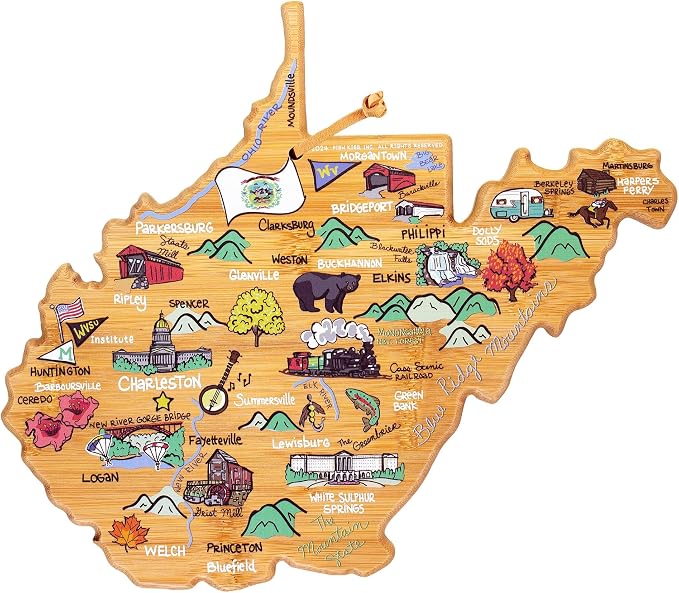 Totally Bamboo West Virginia State Shaped Cutting Board, Art by Fish Kiss | State charcuterie board with colorful hand-drawn map artwork. Smooth reverse side for food prep. Hang tie for wall display.