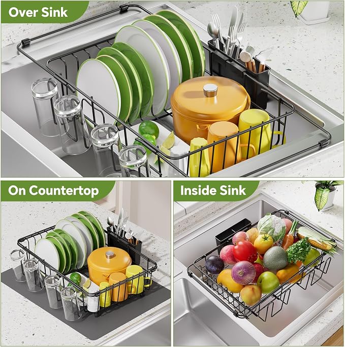 Simple Trending Expandable Dish Drying Rack in Sink, Black | Adjustable Dish Rack with Utensil & Cup Holder for Kitchen Counter, Dish Drainer Inside Sink, Over the Sink, Non-Slip Feet