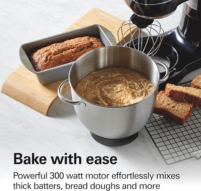 Hamilton Beach 4 Qt Electric Stand Mixer With 7 Speeds, Easy-Carry Handle | Planetary Mixing For Full Bowl Coverage | Splash Guard | 300 Watts | Whisk, Flat Beater, Dough Hook | Mixing Guide | Black