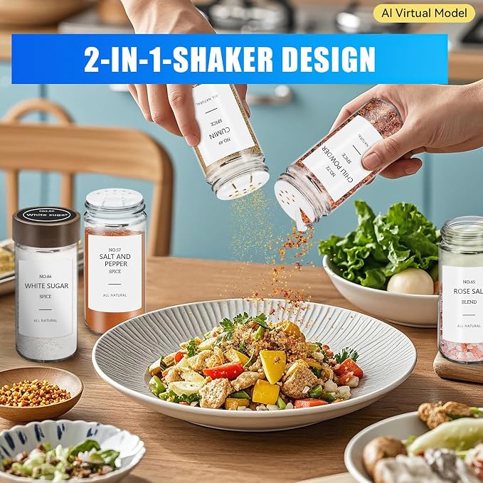 VIBRATITE 48 Pack 4 oz Round Glass Spice Jars with Acacia Lids and Labels | Shaker Lids, Pen, Funnel, Brush Included, Airtight Storage, Quick Identification, Seasoning Prep, Kitchen Pantry Organization
