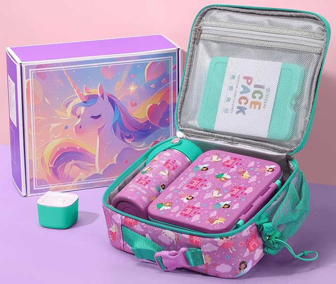 Fimibuke Bento Lunch Box for Kids - Toddler Girls Snack Bento Box Container | with 3 Compartments, 14oz Stainless Steel Water Bottle, Insulated Lunch Bag, Ice Pack Set for Ages 3-12 Daycare, Fairies