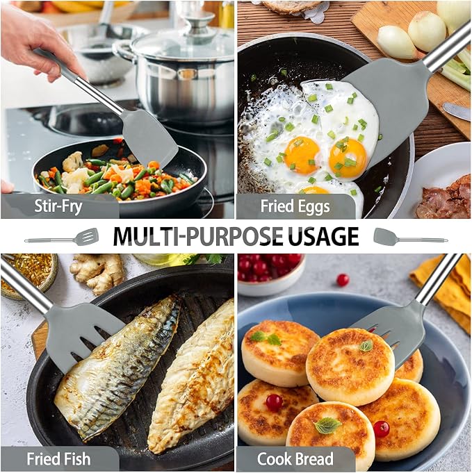 Large Silicone Cooking Spatulas and Spoons, BPA Free, 4 Pack (Grey) | Slotted & Solid Stainless Steel Cooking Utensils Set, Non-stick Heat Resistant Kitchen for Baking, Fried, Stir-Fry, Serving