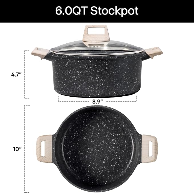 CAROTE Nonstick Stock Pot with Lid, 6 Quart Black Granite Casserole | Kitchen Cooker Compatible with All Stoves, Dishwasher Safe, Cookware for Boiling, Simmer, PFOA Free