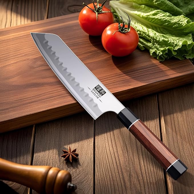 SHAN ZU 7 Inch Japanese Santoku Knife, 9 Layers 10Cr15MoV High Carbon Steel | Professional Kitchen Knife, Sharp Cooking Chef Knife with Ergonomic Red Sandalwood Handle, Meat Cutting Sashimi Chef Knife