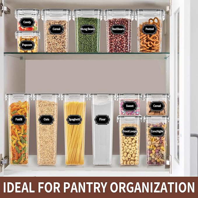 PRAKI Airtight Food Storage Containers Set with Lids - 24 PCS, BPA Free | Multiple Sizes Cereal Containers Storage Set, Pantry Organizers and Storage for Cereal Flour & Sugar - Labels & Marker (Grey)