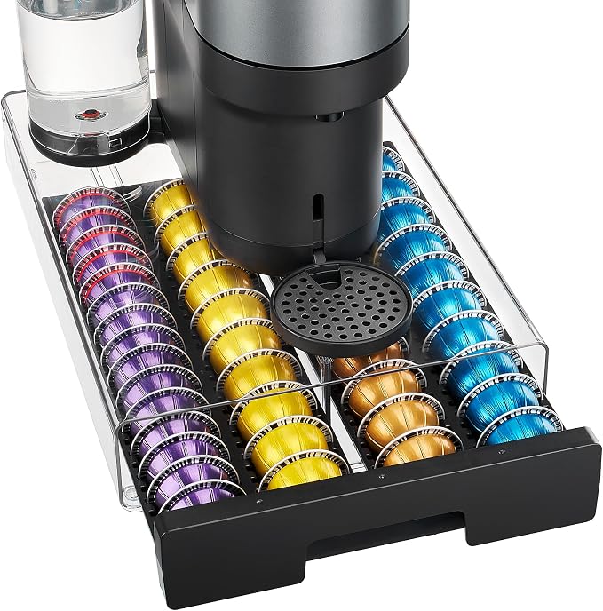 Vtopmart Brown Coffee Pod Drawer Organizer for Nespresso Vertuo Pods, Holds 40 Large or 60 Small Capsules, Acrylic Coffee Pod Holder with Smooth Pull-Out, Anti-Slip Clear Storage