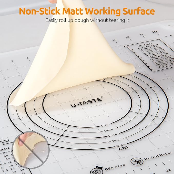 U-Taste Silicone Pastry Mat, Dough Rolling Baking Sheet, 16x20"/Transparent | Food-Grade Liquid Silicone, Non-Stick Non-Slip, Baking Supplies for Pizza Cookie Pie Crust, Clear Measurement & Raised Edges