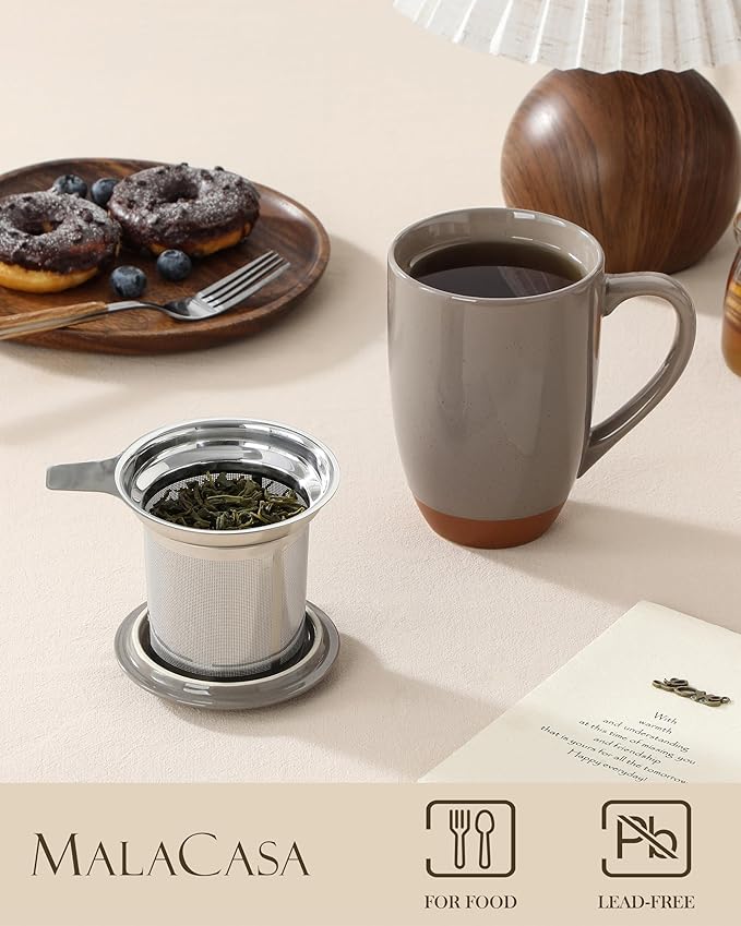 MALACASA Ceramic Tea Mug with Lid and Stainless Steel Infuser, 18 oz Large Tea Cup for Loose Leaf Tea, Heat-Resistant, Microwave & Dishwasher Safe, Speckled Glaze Coffee & Tea Brewer Mug, Khaki Brown