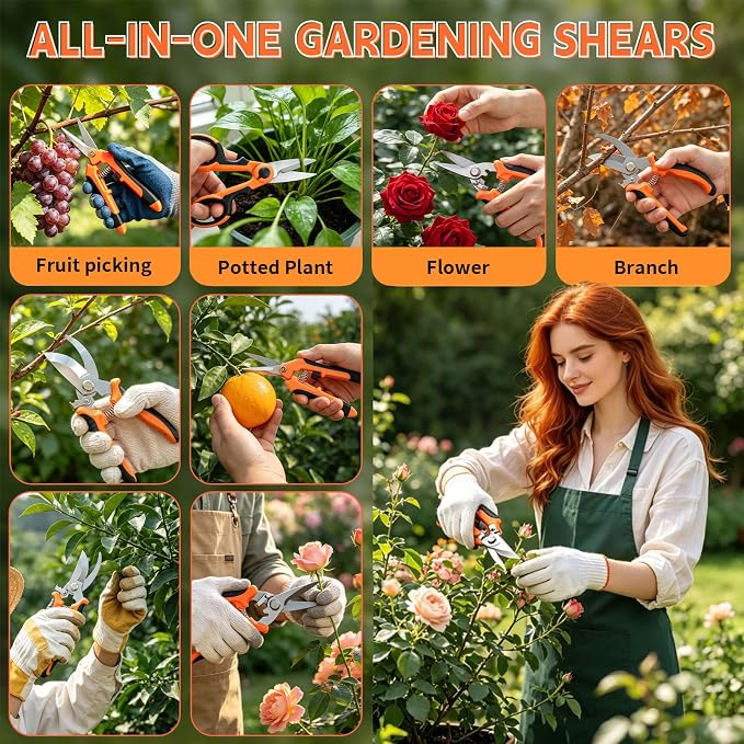 HoMaNa 4 Pack Garden Shears Pruning Set, Stainless Steel Multi-Blade | Sharp stainless steel blades with safety lock, spring ergonomic grips reduce hand strain, for flowers, bonsai garden