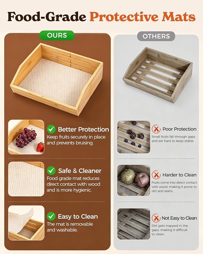 3-Tier Bamboo Fruit Basket with 2 Banana Holders | Large tiered organizer for bread, snacks, veggies. Sturdy bamboo, includes mats & dividers. Easy to assemble.