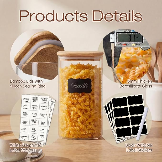 27oz Square Glass Food Storage Containers with Airtight Bamboo Lids, 4 Pack | Pantry Jars for Flour, Sugar, Pasta & Spices, Durable Borosilicate Glass Canister Keep Food Dry & Fresh, Easy to Fill & Clean
