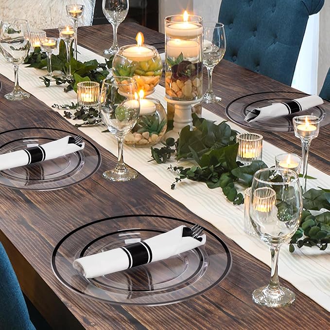 700 Pcs Clear Plastic Plates with Black Rim, Plastic Dinnerware | Disposable Plates for 100, Includes 200 Plates, 100 Pre Rolled Napkins with Cutlery Sets, 100 Cups, for Graduation Party