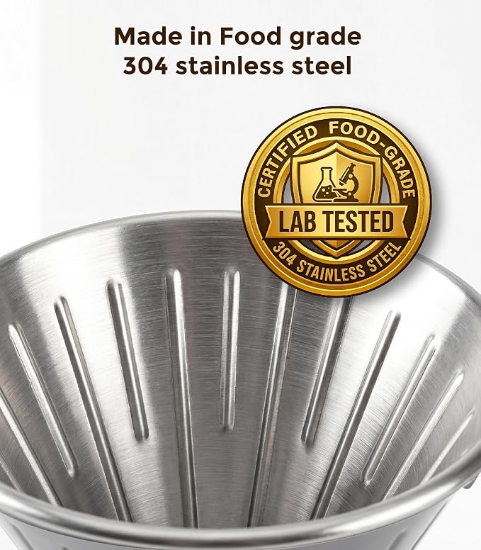 AGOGO Stainless Steel V60 Coffee Dripper & 50 Paper Filters, Cream | Unbreakable carafe for kitchen RV camp and office, includes barista towel, lead-free food grade 304 stainless steel