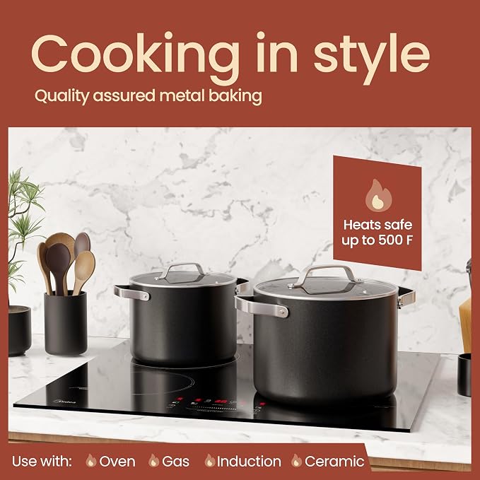 Bakken 5 Quart Ceramic Coated Stock Pot with Lid, Easy to Clean Nonstick Pot, Tempered Glass Lid, Riveted Stainless Steel Handles, Oven Safe Up To 500°F, PTFE & PFAS Free, All Stove Compatible, Black
