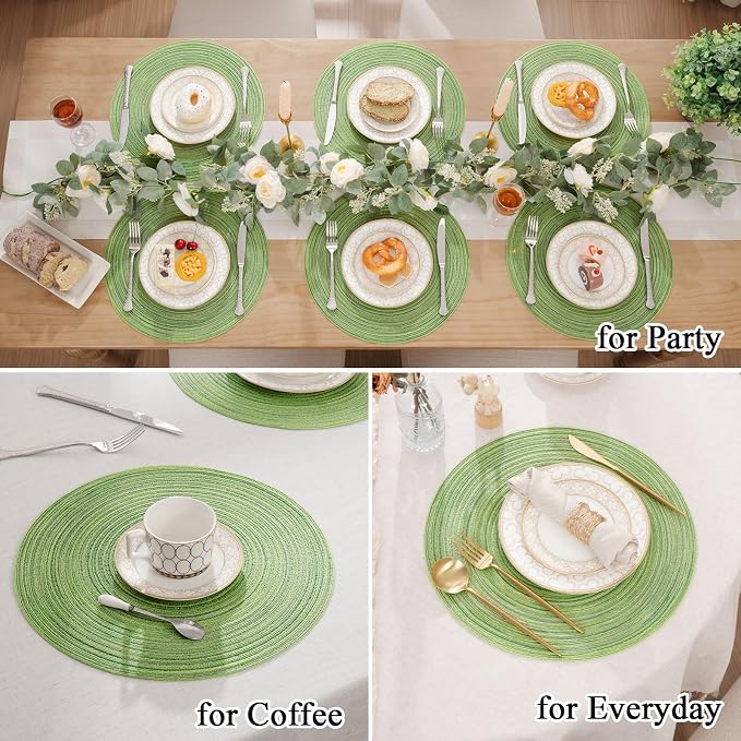 SHACOS Round Placemats Set of 4 Round Table Placemats Braided Cotton Place Mats 15 inch for Kitchen Dining Table Holiday Party (Mixed Color Pea Green, 4)