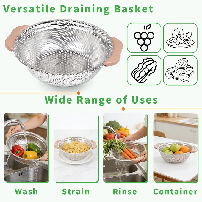 Colander Set with Plastic Handles, Stainless Steel Micro-Perforated Colanders Strainers for Draining Rinsing Washing, Ideal for Pasta Vegetables Fruits, Heavy Duty & Dishwasher Safe