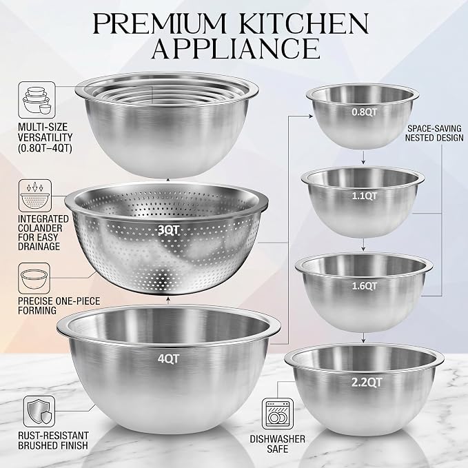 DUTZUN Stainless Steel Mixing Bowls with Colander | 5 Mixing Bowl with 1 Strainer for Kitchen, Salad, Prep, Serving, Food Storage & Cooking