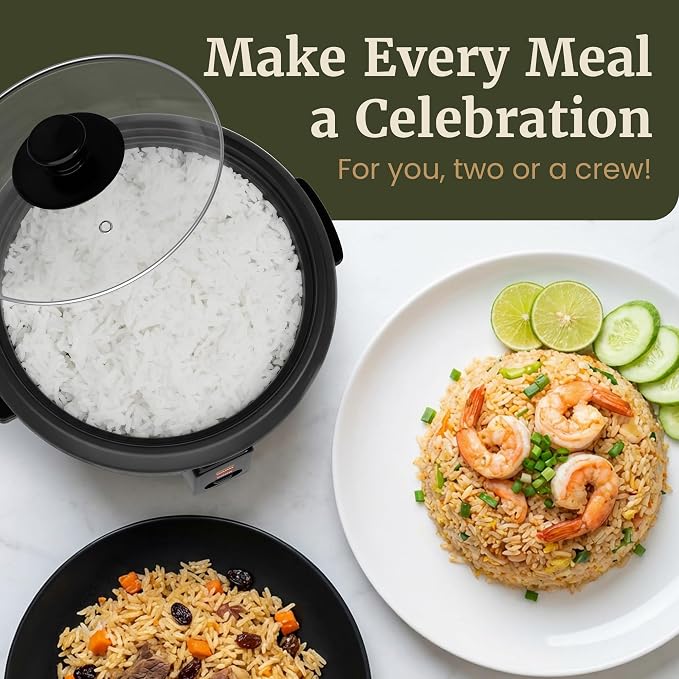 Elite Gourmet Electric Rice Cooker with Steam Tray and Non-Stick Inner Pot Makes Soups, Stews, Grains, Cereals, Keep Warm Feature, 6 Cups Cooked (3 Cups Uncooked), Black