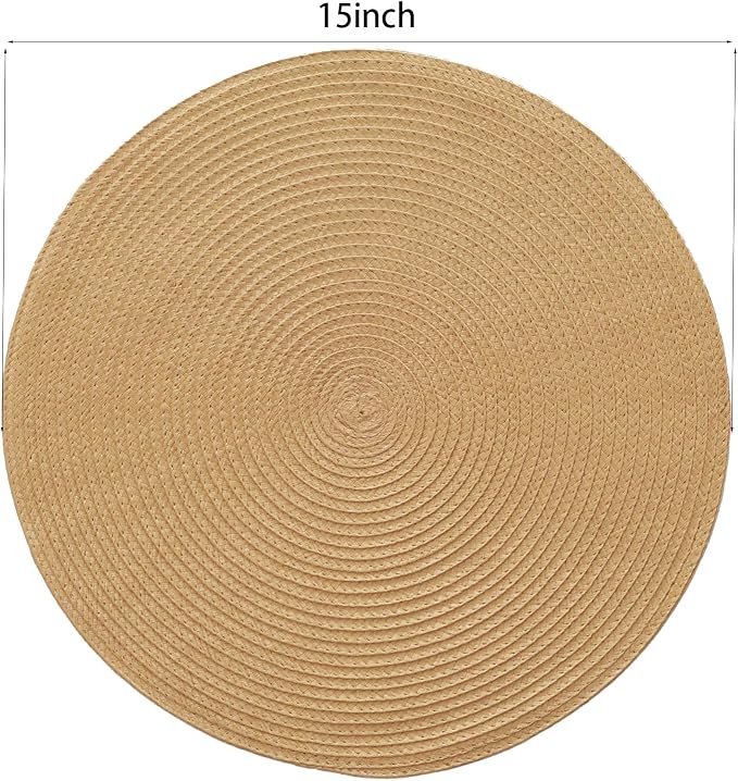Winknowl Round Braided Placemats Set of 4 Washable Woven Heat Resistant Table Mats for Kitchen Dining Tables 15 inch Round Place Mats (Camel,4pcs)