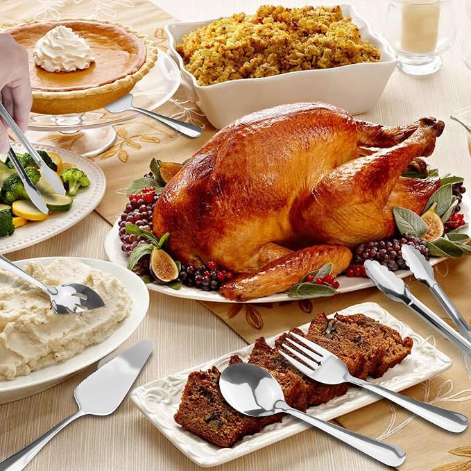 Serving Utensils,XEVOM 6-Piece Stainless Steel Serving Utensil Set Silver | Include Serving Spoon, Slotted Serving Spoon, Serving Fork,Serving Tong, Appetizers Tong,Pie Server,dishwasher safe
