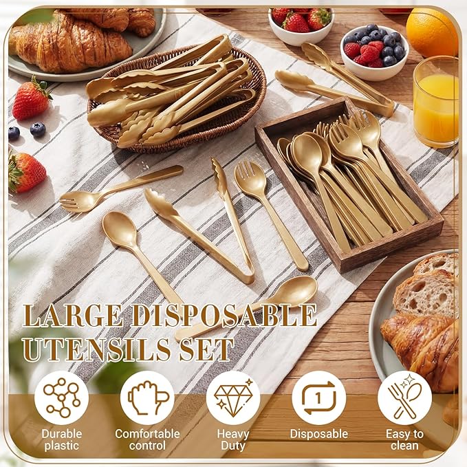 FoldTier 36 Pcs Disposable Plastic Serving Utensils Set Gold Serving Spoons Forks Tongs, Disposable Utensils for Party Weddings Birthday Dinner Buffets Banquets