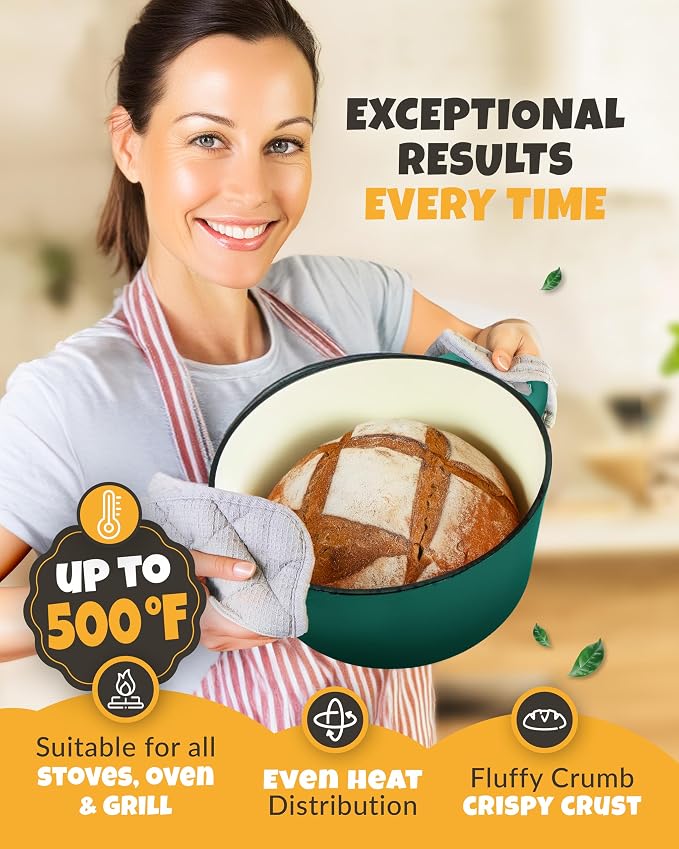 5 QT Enameled Dutch Oven for Bread Baking with Lid & Baking Set | Sourdough Dutch Oven for Bread Baking, Cast Iron Bread Oven with Lid, Banneton, Bread Sling, Lame, Dough Whisk & Clear Guide